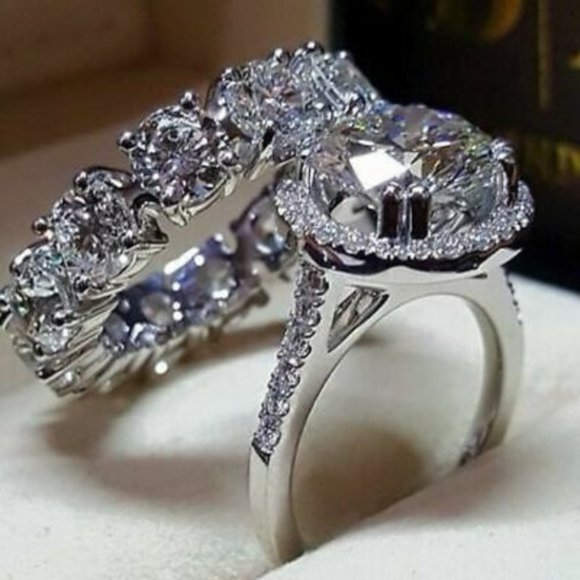Jewelry - 2pec/set 925 Silver Round Cut White Sapphire Ring